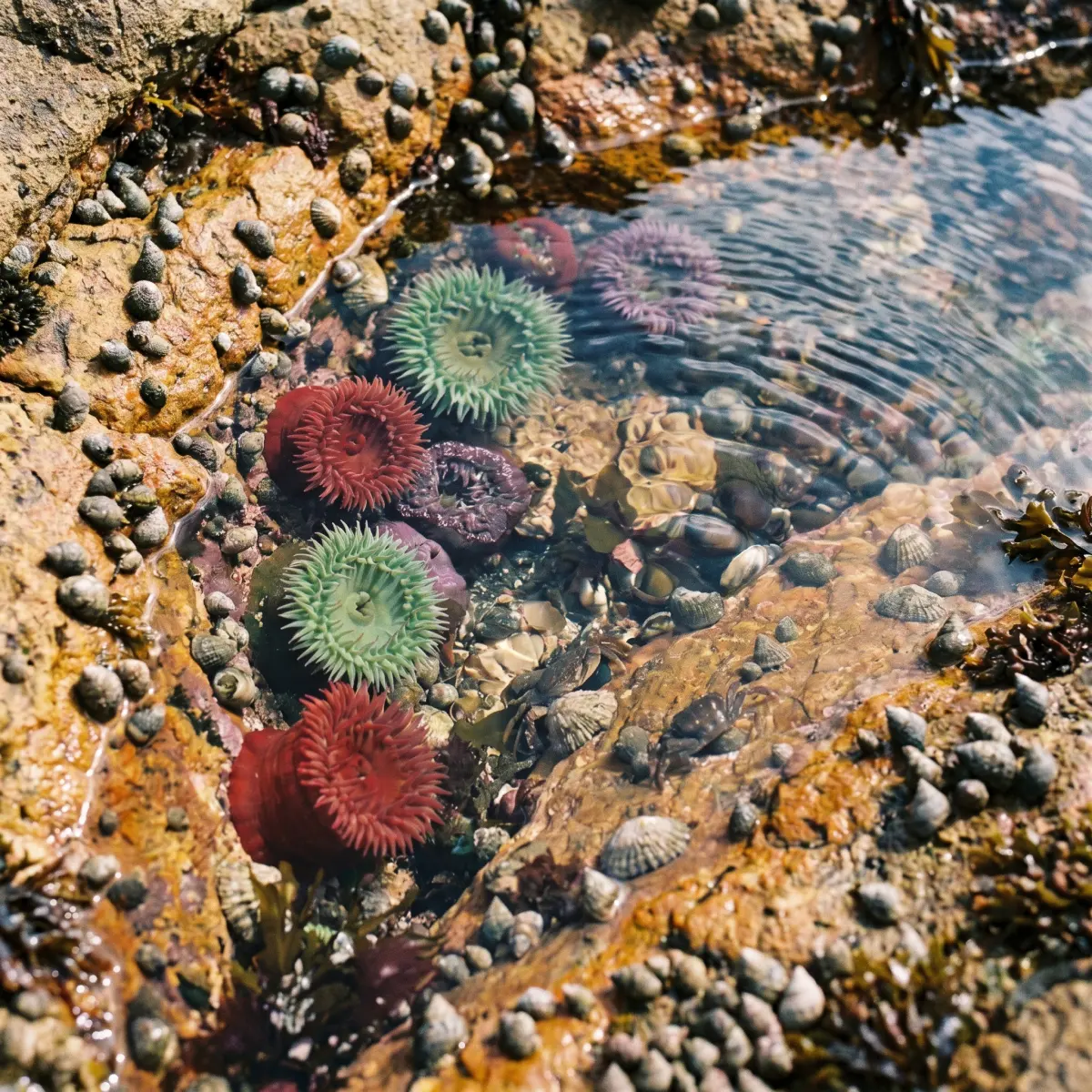 Close view into a tide pool with anemones, snails, rippled water, and mineral rock