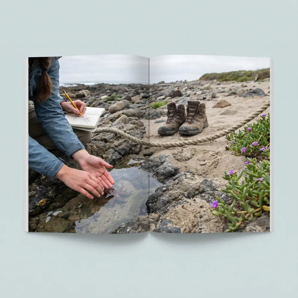 Responsible beach observation with boots away from a tide-pool edge and hands sketching without touching wildlife