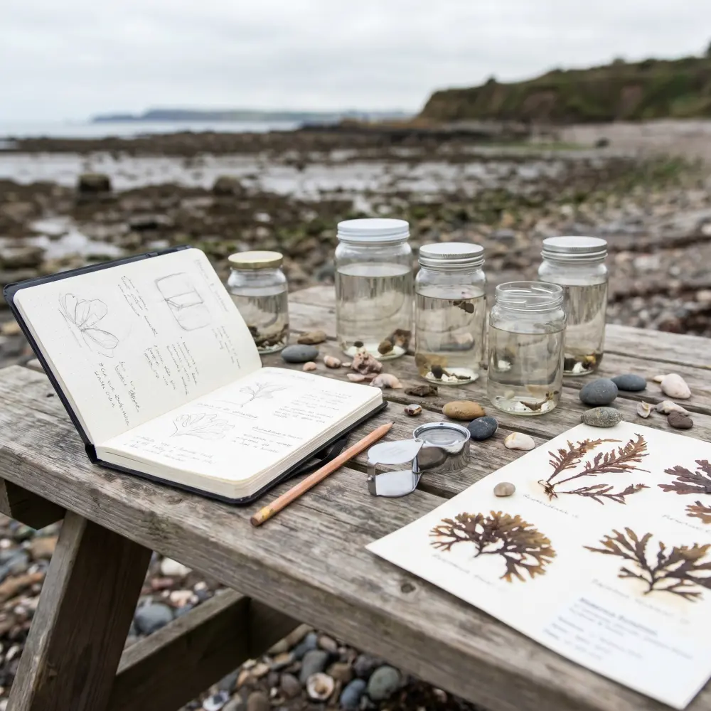 A tide-pool field table with notebook, hand lens, and seaweed press sheet