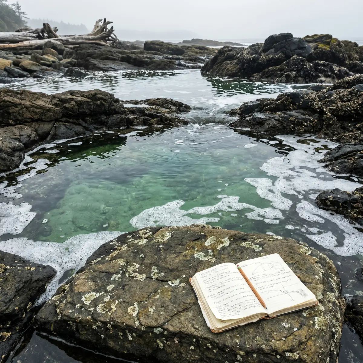 Low tide rock pools with a notebook on coastal stone